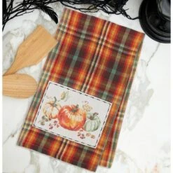 C&F Home Randall Plaid Pumpkin Patch Applique Fall Woven Kitchen Towel