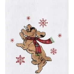 C&F Home Festive Dog Jumping Christmas Holiday Machine Washable Embellished Flour Sack Kitchen Towel 27L X 18W In.