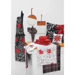C&F Home Red Poinsettia Print On Black Background Cotton Christmas Cooking Apron One Size Fits Most 29 X 34 In.