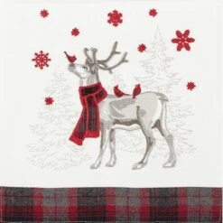 C&F Home Frosty Deer White Deer In Red And Black Plaid Scarf And Red Snowflakes Cotton Machine Washable Table Runner 13" X 72"