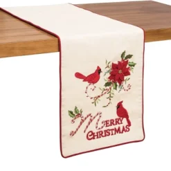 C&F Home Holiday "Merry Christmas" Sentiment W/ Red Cardinal Cane Cotton Machine Washable Embroidered Table Runner 14" X 72"