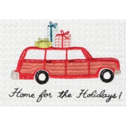C&F Home 27" X 18" "Home For Holidays" Sentiment With Red Station Wagon Car Cotton Embroidered & Waffle Weave Kitchen DIsh Towel