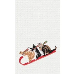C&F Home 27" X 18" Cats On Sled Tobogganing Embroidered Waffle Weave Kitchen Dish Towel Christmas Holiday Cotton Decor Decoration