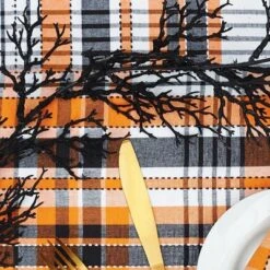 C&F Home Zelda Orange Plaid Halloween 100% Cotton Table Runner 13" X 72"