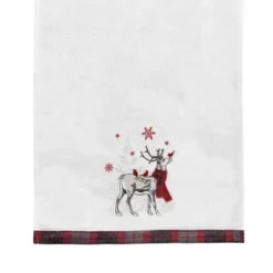 C&F Home 27" X 18" Frosty Deer White Deer Wearing Red & Black Plaid Scarf Christmas Holiday Embellished Flour Sack Kitchen Dish Towel