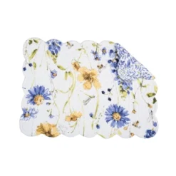 C&F Home Lovely Blues Scalloped Quilted Placemats Set Of 6 Floral Design, 13" X 19"