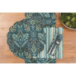 C&F Home Bailey Blue Reversible Graphic Print Machine Washable Scallop Quilt Table Runner 14" X 51"