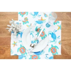 C&F Home Caraway Coral Placemats Set Of 6 Blue Seaturtle Crab & Starfish Print